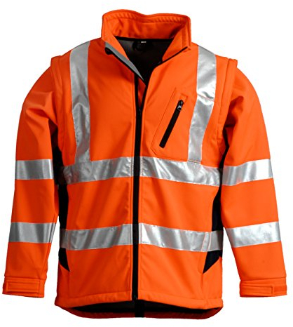 LeiKaTex Softshell-Warnschutzjacke für Herren und Damen (M, Orange/Marine) winddicht, wasserabweisend, atmungsaktiv, abnehmbare Ärmel, Fleece Innenstoff EN 20471 Arbeitsjacke