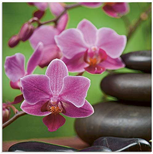 ARTland Wanddeko Glasbilder Wandbild Glas Bild einteilig Quadratisch Asien Wellness Zen Spa Steine Blumen Blüten Entspannung Pink T5OM