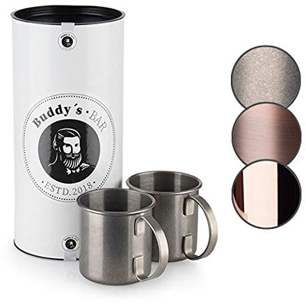 Buddy´s Bar - Moscow Mule Becher, 450 ml, hochwertiger Edelstahl-Becher, lebensmittelecht, Cocktail-Tasse inklusive Geschenkbox, Edelstahl Antik, 2er Set