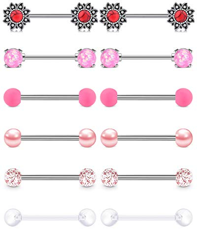 AceFun 316L Chirurgenstahl Brustwarzenpiercing Zungenpiercing 1.6mm Brustwarzen Zunge Piercing Set 16mm Intim-Piercing Körper Piercing Schmuck 6Paar-Rosa-16mm