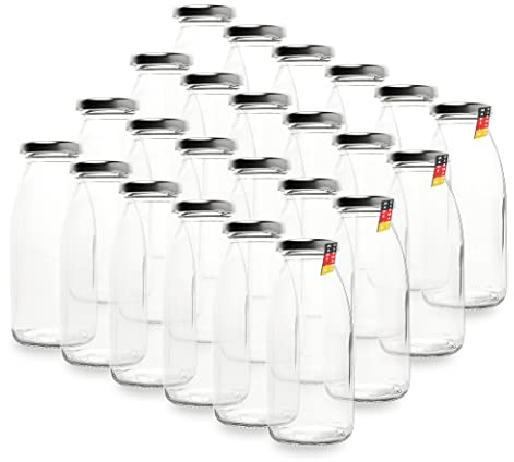 Flaschenbauer Lot de 24 bouteilles vides, en verre, 250 ml, avec bouchon à vis TO43, 0,25 l, en argent, à remplir soi-même avec du lait, du jus, du smoothie