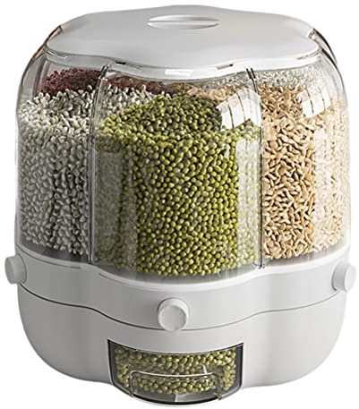 Rice Bucket, 6-Grid Rice Containers, Round Rotating Grain Cereals Dispenser, 6.5L Grain Storage Container, Rice Dispenser Grain Food Storage Box for Home Kitchen
