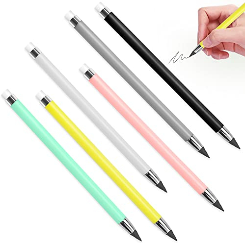 QINERSAW 6 Stück Tintenlose Bleistifte Ewig Stift Unendlicher Schreibstift Unbegrenzter Magische Bleistift ohne Anspitzen Wiederverwendbar Tintenschreiber Magic Pencil mit Gummi