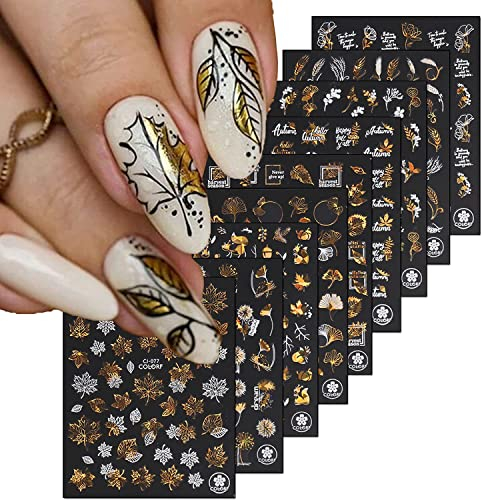 9 Blätter Herbstblätter Nagel Aufkleber, Weißer Laser Gold Ahornblatt Nagel Kunst Aufkleber Herbst Nagelsticker Selbstklebend Nagelabziehbilder Herbstlaub Nageldesign Nail Art Dekoration Nail Sticker