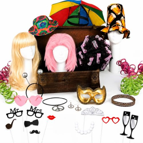 Fotobox Zubehör 24-TLG. für Erwachsene – Party Foto Requisiten mit Perücken, Hüten, Herzbrille für Hochzeit, Geburtstag, JGA & Photobooth