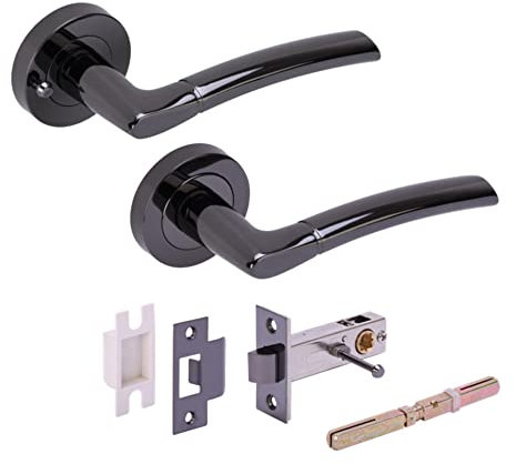 Hunta HANDLEZONE® Neemo Privacy Lever On Round Rose Door Handles, with Privacy Latch, for Bathroom, Toilet, WC Doors, 1 Set - Black Nickel