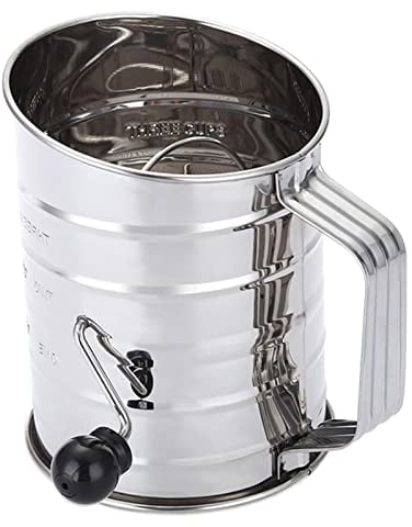 Flour Sifter Stainless Steel Hand Held Flour Sifter,Hand Crank Flour Sieve 3 Cup Rotary Hand Crank with 4 Wire Agitators Flour Shaker Cup 20 Fine Mesh Screen for Icing Sugar Cake Flour