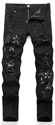 OIIIO Men's Patch Ripped Stretch Regular Fit Jean, 82303 Black, 34