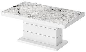 Design Couchtisch Matera Lux H-333 Marmoroptik - Weiß Hochglanz Marmor höhenverstellbar ausziehbar Tisch Esstisch