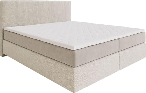 DELIFE Boxspringbett Dream-Well Bouclé Creme-Weiß 180x200 cm mit Taschenfederkernmatratze und Topper Visco
