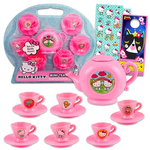 Hello Kitty Set da tè per feste - Set da tè da 13 pezzi con tazze da tè Hello Kitty e piattini, bollitore da tè più adesivi, altro ancora | Set di teiera Hello Kitty per ragazze
