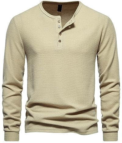 MakingDa Henley T Shirt Mens Long Sleeve Slim Fit Waffle Grandad Collar 4 Button Jumper Tops Smart Casual Collarless Shirts-Khaki-L