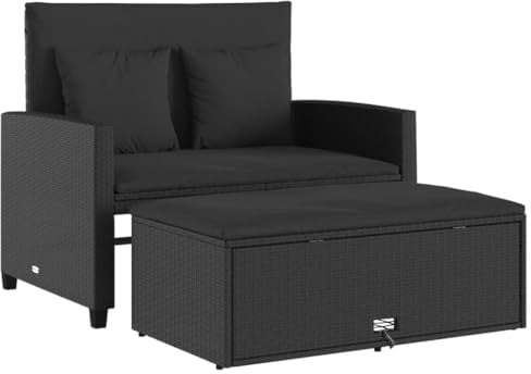 vidaXL Gartensofa mit Kissen 2-Sitzer, Outdoor Sofa mit Hocker mit Staufach, Couch mit abnehmbarm Bezug, Gartebmöbel Gartengarnitur, Schwarz Poly Rattan