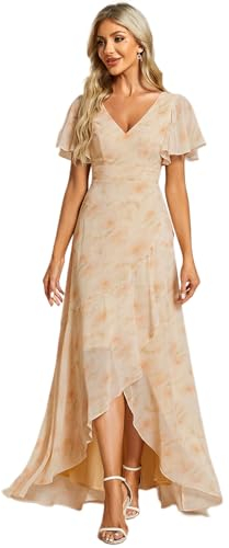 Ever-Pretty Damen Cocktailkleider V-Ausschnitt Asymmetrisch BodenKurze Ärmel Chiffon Rückenfrei Elegant Goldene Rose 40EU