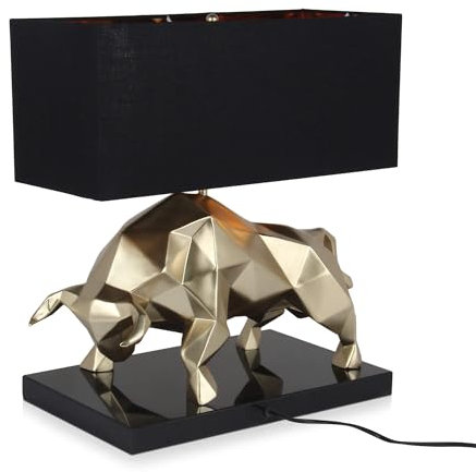 ADM - 'Facettierter Stier' - Tischlampe mit moderne Skulptur aus Harz Metalleffekt mit Marmorsockel und Lampenschirm aus Stoff mit kunststoffbeschichteter Innenseite - Gold - H45 cm