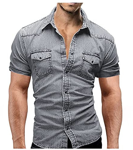 Camisa de mezclilla para hombres - Camisa de manga corta casual, camisa de moda de verano, ajuste delgado, camisa de mezclilla de manga corta, tops de todos los días, ropa de trabajo lavada, camisas
