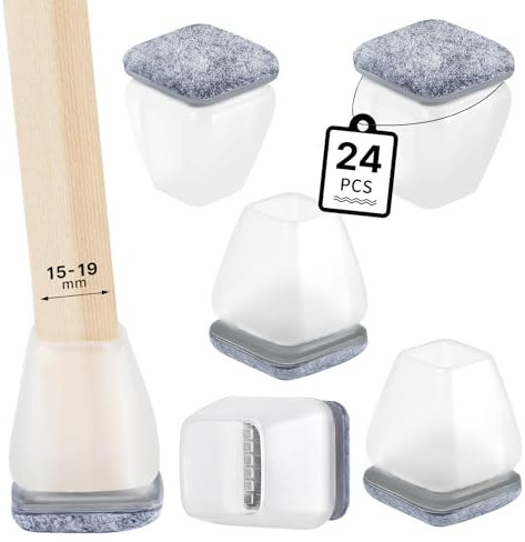 RCHYFEED Schutzkappen für Stuhlbeine, 24 Stück Transparente Stuhlbeinkappen mit grau Filz für gerade und schräge Stuhlbeine, Stuhlbeinschoner Geräusche und Kratzer Beseitigen (Eckig,15-19mm)