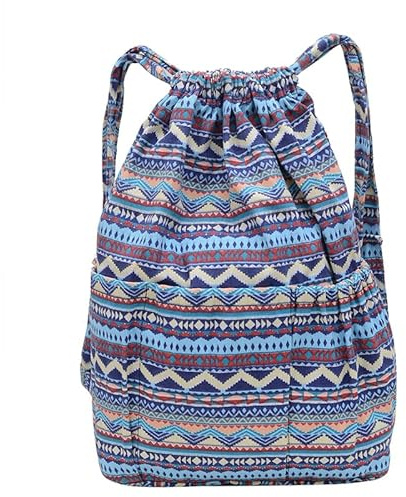 Fiorky Damen Bohemian-Rucksack mit Kordelzug, Ethno-Stil, Segeltuch, Vintage-Rucksack mit Kordelzug, großes Fassungsvermögen, Kunst, doppelte Umhängetasche, Outdoor-Tagesrucksack, Segeltuch