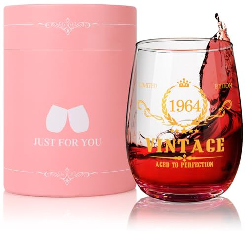 Tecanne 60th Birthday Gifts for Women, 1965 Vintage Style 15oz Stemlesss Wine Glass, Birthday Glasses Wine Accessories for Wine Lovers, Retirement Gifts for 60 Year Old Woman