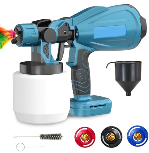Akku Farbspritzpistole 18V, Ersetzen für Makita 18V BL1830, 3 Düsen (1mm, 1,8mm, 2,5mm) und 3 Muster, 1000 ML Farbbehälter, zum Möbel und Wandmalerei (ohne Akku)