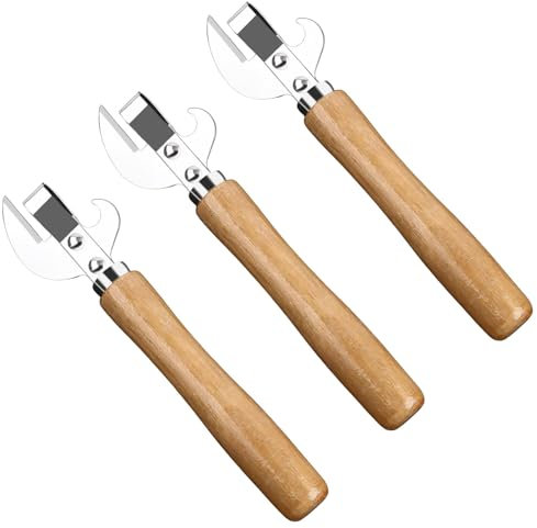 3 Pics Ergonomic Safe Manual Metal Can Opener - Side Cutting Tin Lid Remover with Steel Handle and Wood Grip - Professional Kitchen Tool for Effortless Openings