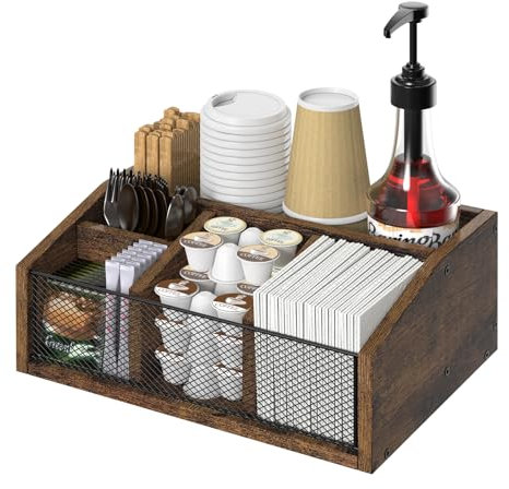 Organizer caffè in legno con porta cialde, porta bicchieri, portautensili da cucina marrone, porta zucchero e vani multiuso per creare un perfetto angolo caffè organizzato