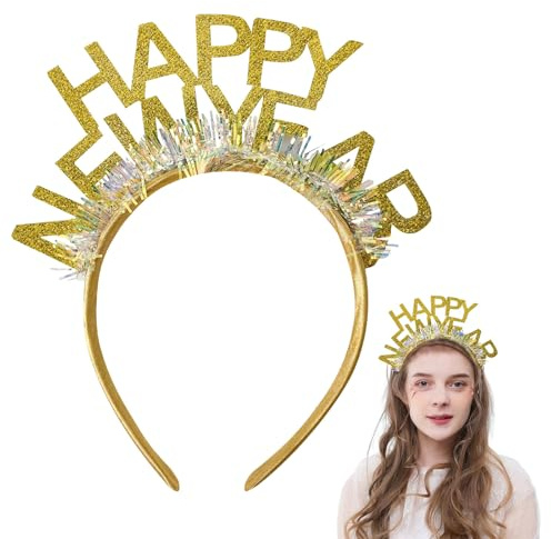 Bandeau « Happy New Year » - Accessoires pour cheveux du Nouvel An - Fournitures de fête du Nouvel An 2025 - Accessoires de feux d'artifice à paillettes pour fête de Noël (doré, 1)