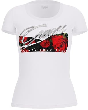 GUESS - Maglietta da donna a maniche corte con stampa di rose eco, S
