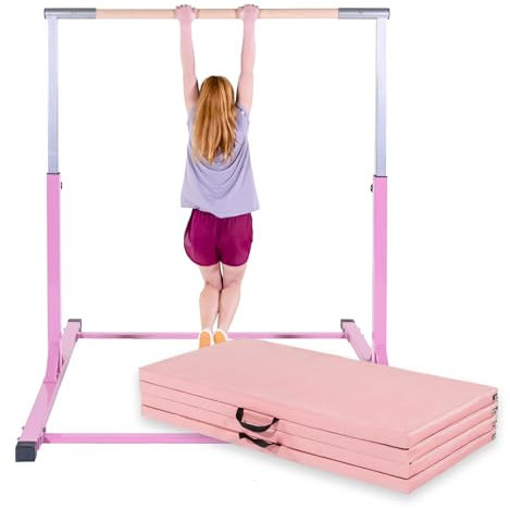 Müller & Blum Premium Turnreck für Kinder, höhenverstellbares Turngerät für Indoor & Outdoor, Turnstange aus Holz & stabile Stahlkonstruktion, 200 kg belastbar, Optional mit Matte (Rosa + Rosa Matte)