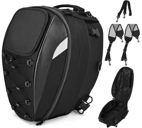 WODHMIEY 45L Oxford Cloth Motorcycle Tail Helmet Bag, Water Resistant Elastic Mesh Pocket Backpack with Shoulder Strap for Motorbike, Storing Gloves, Clothes and Other Items