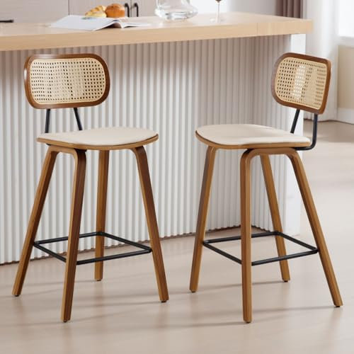 Ya-Home 2er Set Barhocker Rattan Barstuhl mit Lehne Thekenhocker mit Holzbeinen Sitzfläche aus Kunstleder modern Tresenhocker Küchenhocker für Kücheninsel/Hausbar, Beige