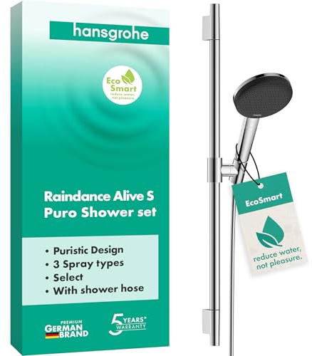 hansgrohe Raindance Alive Select S Duschset mit Brausestange 65 cm, Chrom | Handbrause mit 3 Strahlarten, max. 7,1 l/min (EcoSmart), Select-Taste, einfach zu reinigen (QuickClean), 24602000