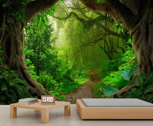 QDJKBL Jungle Forest Wall Murals Green Tropical Wall Paper Decor Fresh Sunshine Forest Wallpaper RinForest Natural Scenery Mural for Bedroom Dining Room Corridor 365 x 254 cm