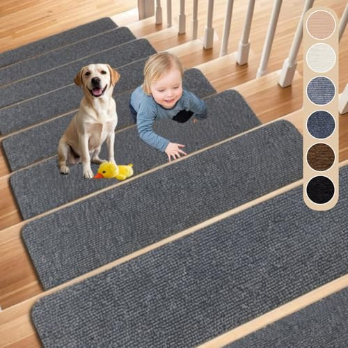 Cnwinu 15 stycken trappsteg mattor, stegmattor, självhäftande halkfria trappor trappmattor inomhus, 60 × 20 cm trappmatta, matta halkfri för barn, äldre och husdjur (mörkgrå)