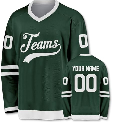 euoeio Personalisiertes Eishockeytrikot in klassischen Farben mit Name und Nummer, sportliches Langarmshirt mit V-Ausschnitt, männliche und weibliche Fans
