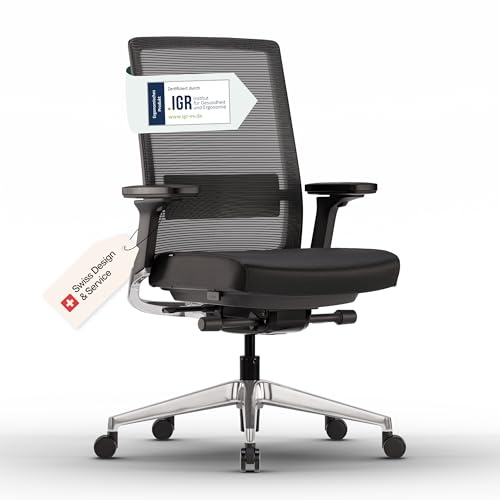 ofinto Active Bürostuhl Schwarz-Aluminium TESTSIEGER | Ergonomischer Schreibtischstuhl mit Synchronmechanik & adaptiver Lordosenstütze | Vollständig anpassbarer Office Chair für perfekte Sitzposition