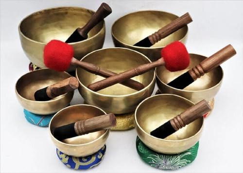 Lot de bols chantants 7 chakras (martelés à la main) – 12,7 à 25,4 cm pour bains sonores, yoga et travail énergétique, ensemble de bols chantants faits à la main pour yoga et méditation avec maillets