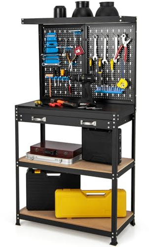 COSTWAY Banco de Trabajo con Tablero Perforado, Banco de Trabajo para Almacenamiento de Herramientas con Estantes y Cajones, 14 Accesorios para Colgar, Mesa de Trabajo para Garaje (Negro y Azul)