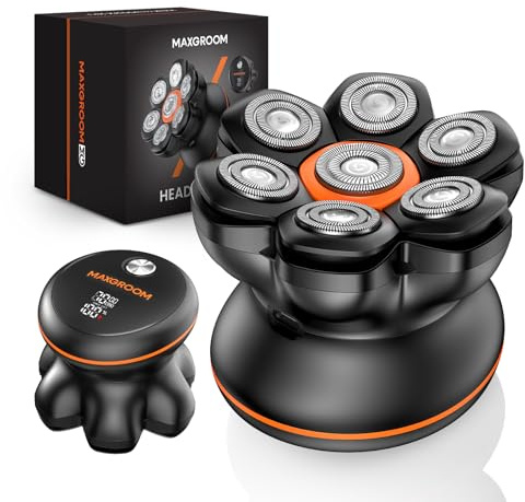 MAXGROOM Afeitadora Cabeza Hombre, Maquina Afeitar Hombre, Afeitadora para Calva en Seco y Húmedo, Batería de Larga Duración, 7 Cabezales, Magnético, 100% impermeable, Color Negro