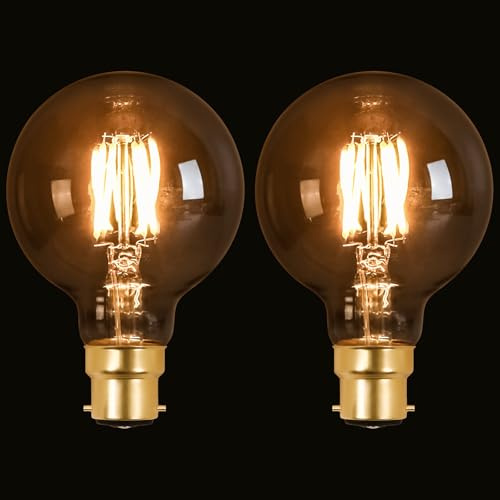 Terafeels 2 Pack B22 Vintage LED Light Bulbs, G80, 4W, 2700K Warm White, Antique Style Retro Amber Glass,Bayonet Light Bulb for Lamp, Non Dimmable