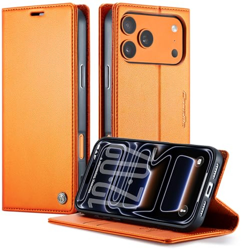 owlhold Handyhüll iPhone 17 Pro Max hülle klapphülle Premium PU Leder,RFID Schutzhülle,Faltbare Ständer,Handytasche Lederhülle Kartenfach Standfunktion hülle iPhone 17 Pro Max - Orange