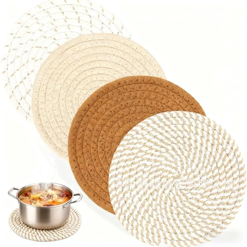 HREDZEO Set di 4 Tovagliette Cotone Rotonde Intrecciate 20cm - Tovagliette Eleganti Sottopiatti e Sottobicchieri Lavabili Resistenti al Calore | Protezione per Tavola in Cucina Soggiorno e Ristorante