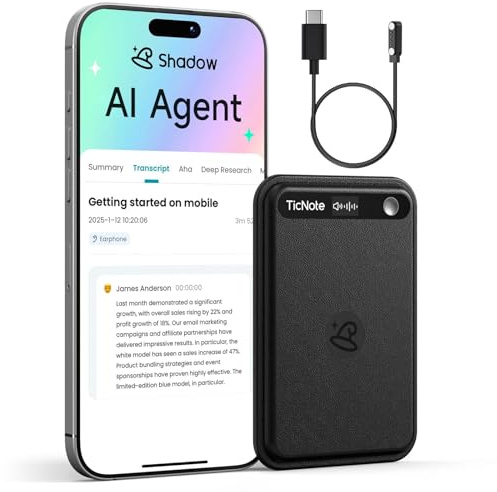 Mobvoi TicNote AI Voice Recorder 64GB Memory Note Recorder w/Case App Control 100+Languages Transcribe Summarize with AI Shadow Digital Audio Recorder (TicNote Lite)
