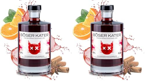 BÖSER KATER Glühwein Gin - Heiße Mieze, Glühpunsch trifft Gin, Ideal für winterliche Cocktails mit Geschmack, Die perfekte Geschenkidee, Handgemacht mit kleiner Auflage, 0,5l 17% Vol (Packung mit 2)