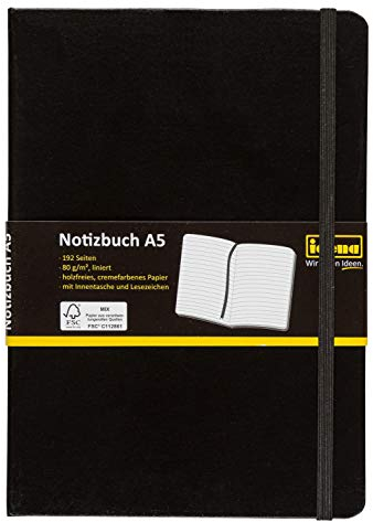 Idena 209284 - Notizbuch DIN A5 liniert, Papier cremefarben, 192 Seiten, 80 g/m², Hardcover in Schwarz