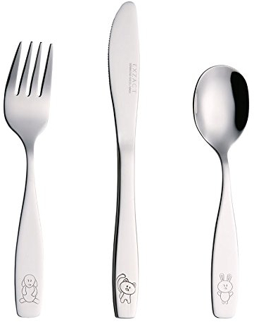 EXZACT Posate per bambini 3 pezzi in acciaio inox/posate bimbi - 1 x forchetta, 1 x coltelli, 1 x Cucchiai Cena (Cane Gatto Coniglio x 3)
