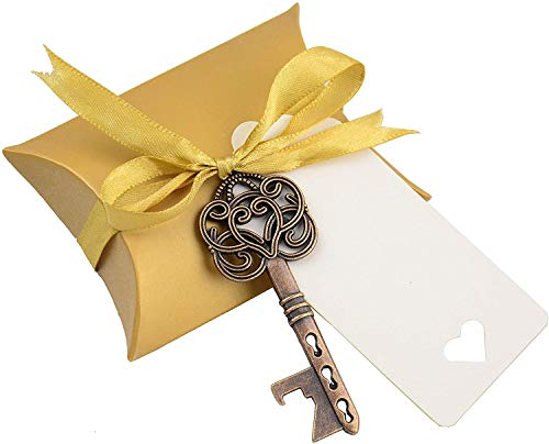 50 pcs Faveur De Mariage Cadeau Souvenir Ensemble Oreiller Boîte De Bonbons Vintage Squelette Clé Ouvre Bouteille Merci Étiquette Français Ruban (Cuivre Antique)