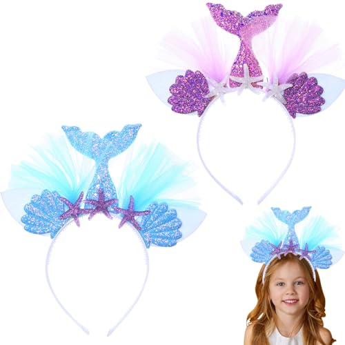 2 Stück Haarreif-Set,Haarreif Kinder,Glitzer Haarreif,Haarreif Meerjungfrau Stirnband Mit Pailletten Haarreif Haarschmuck Mit Ohren Für Geburtstag Birthday Party Headband(Lila & Blau)