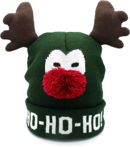 JAP Weihnachtsmütze - Rudolf mit Geweih - Beanie - Wintermütze mit Pompom - Unisex - Grün