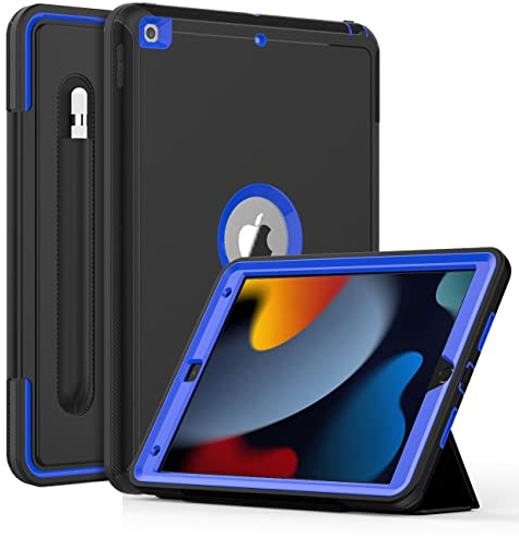 DAORANGE Funda para iPad 10.2 9a / 8a / 7a Generación 2021/2020 / 2019, Carcasa Resistente al Impacto con Portalápiz y Auto-Sueño/Estela Función para iPad 9.ª/8.ª/ 7.ª Gen 10.2 (Negro/Azul)